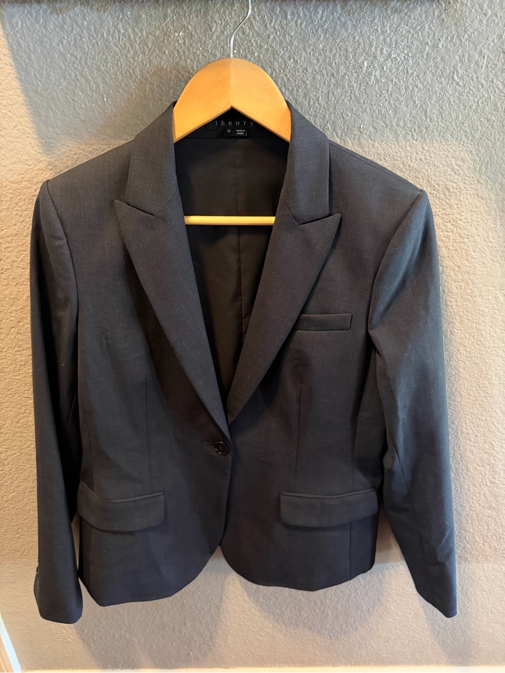 Theory Gabe B Wool Stretch Blazer Charcoal Size 12 Tailored One Button